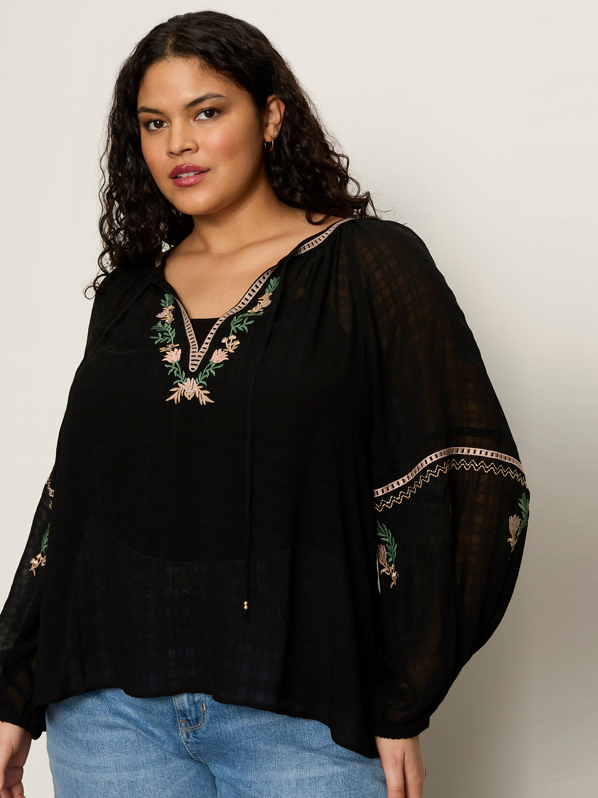 Raye Embroidered Blouse Black Extended Sizing