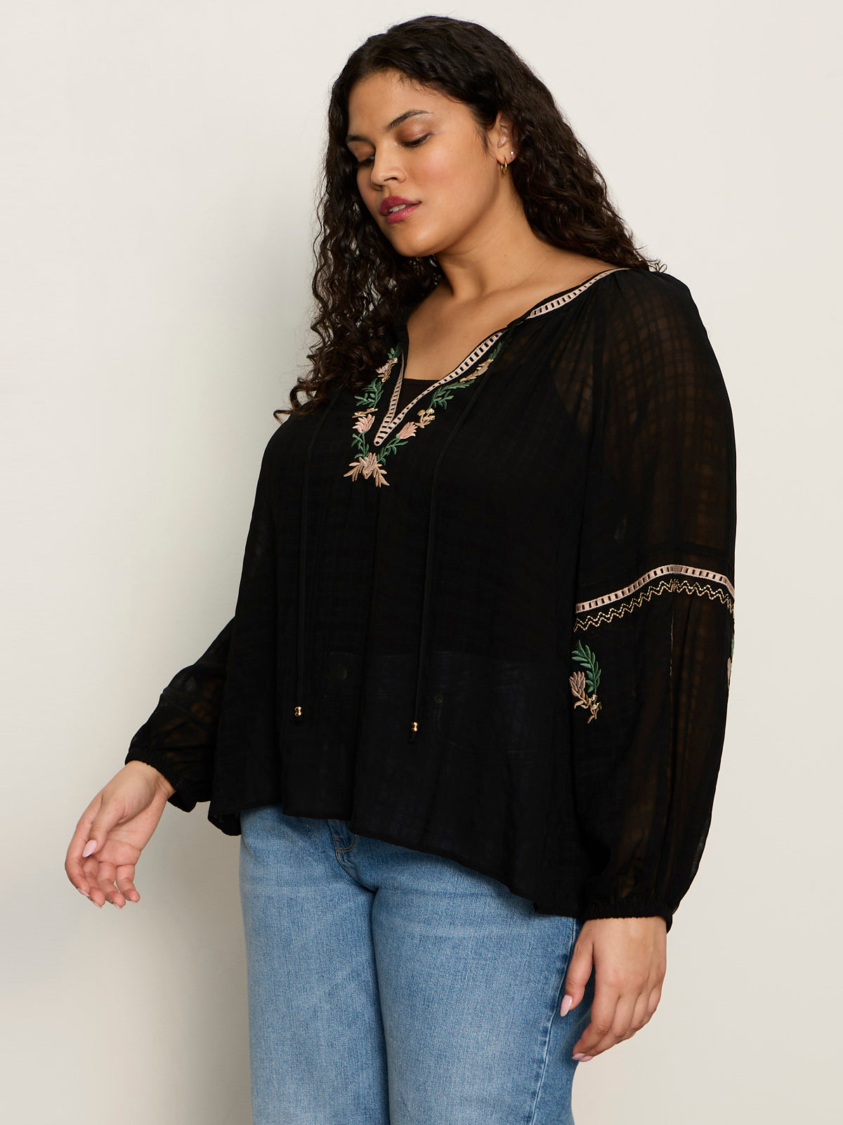 Raye Embroidered Blouse Black Extended Sizing