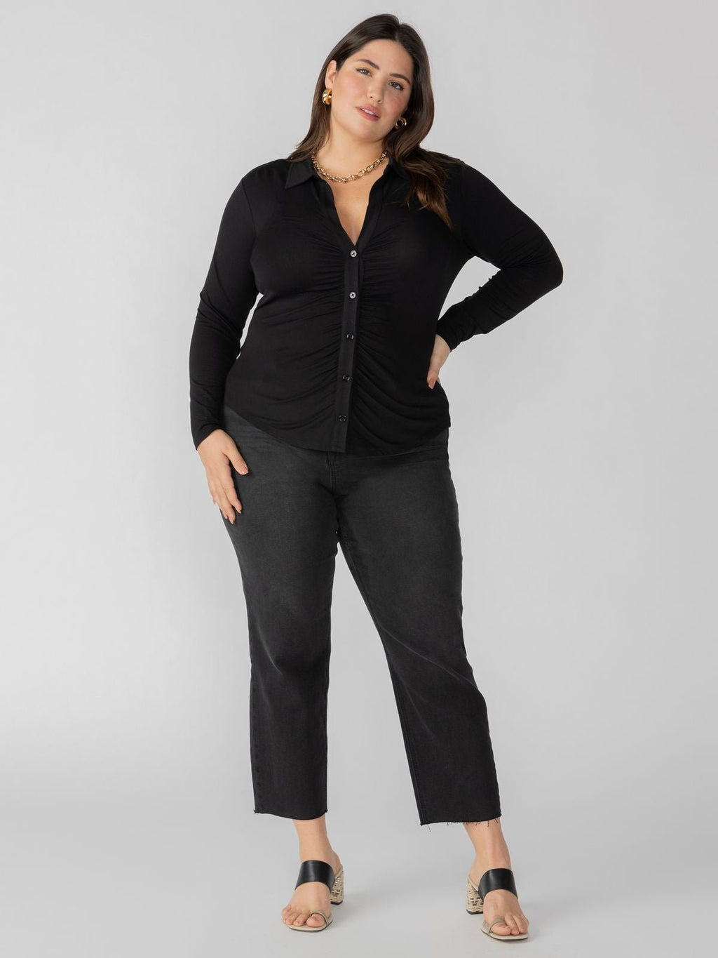 Dreamgirl Knit Button Up Top Black Extended Sizing