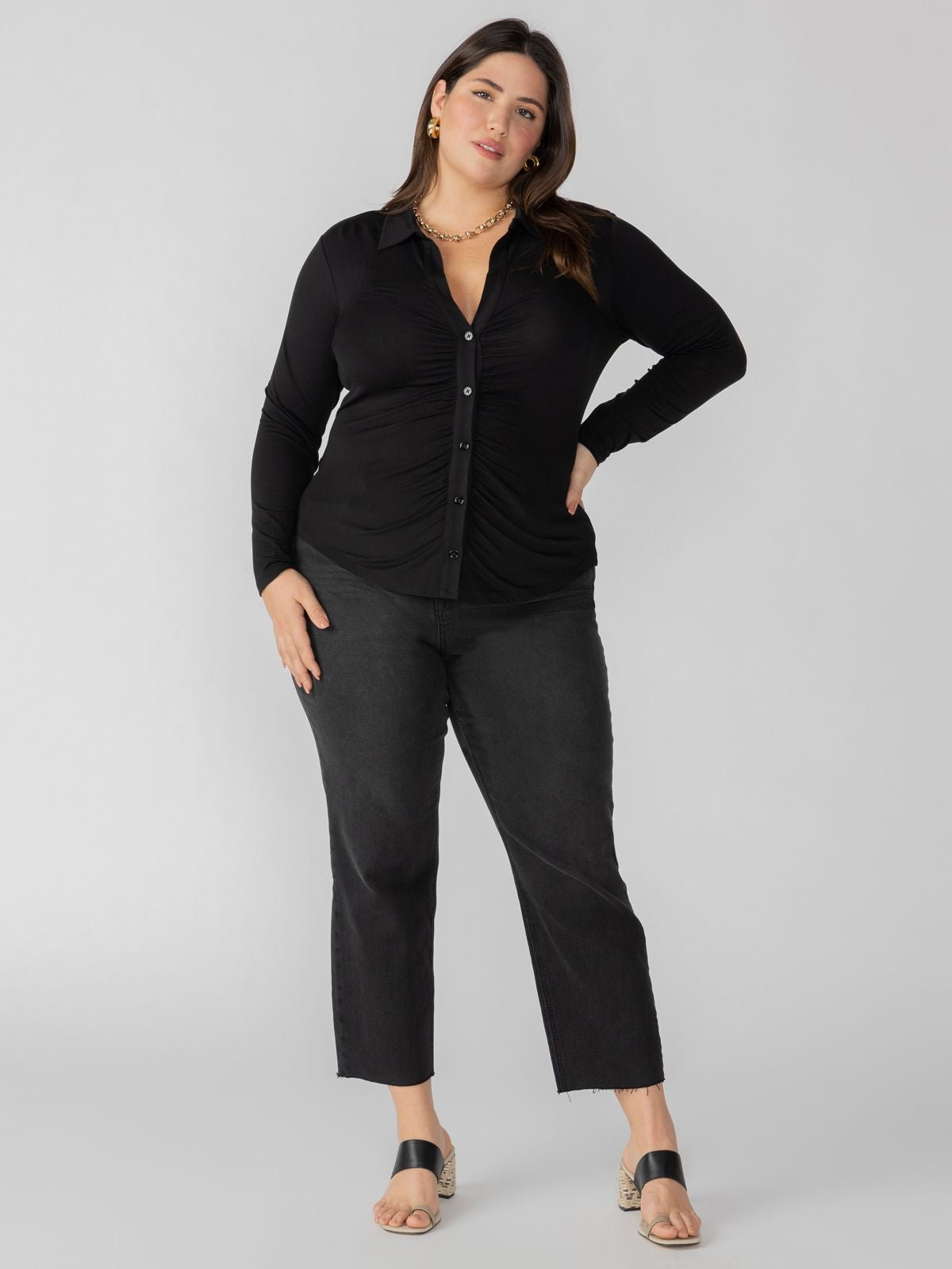 Dreamgirl Knit Button Up Top Black Extended Sizing