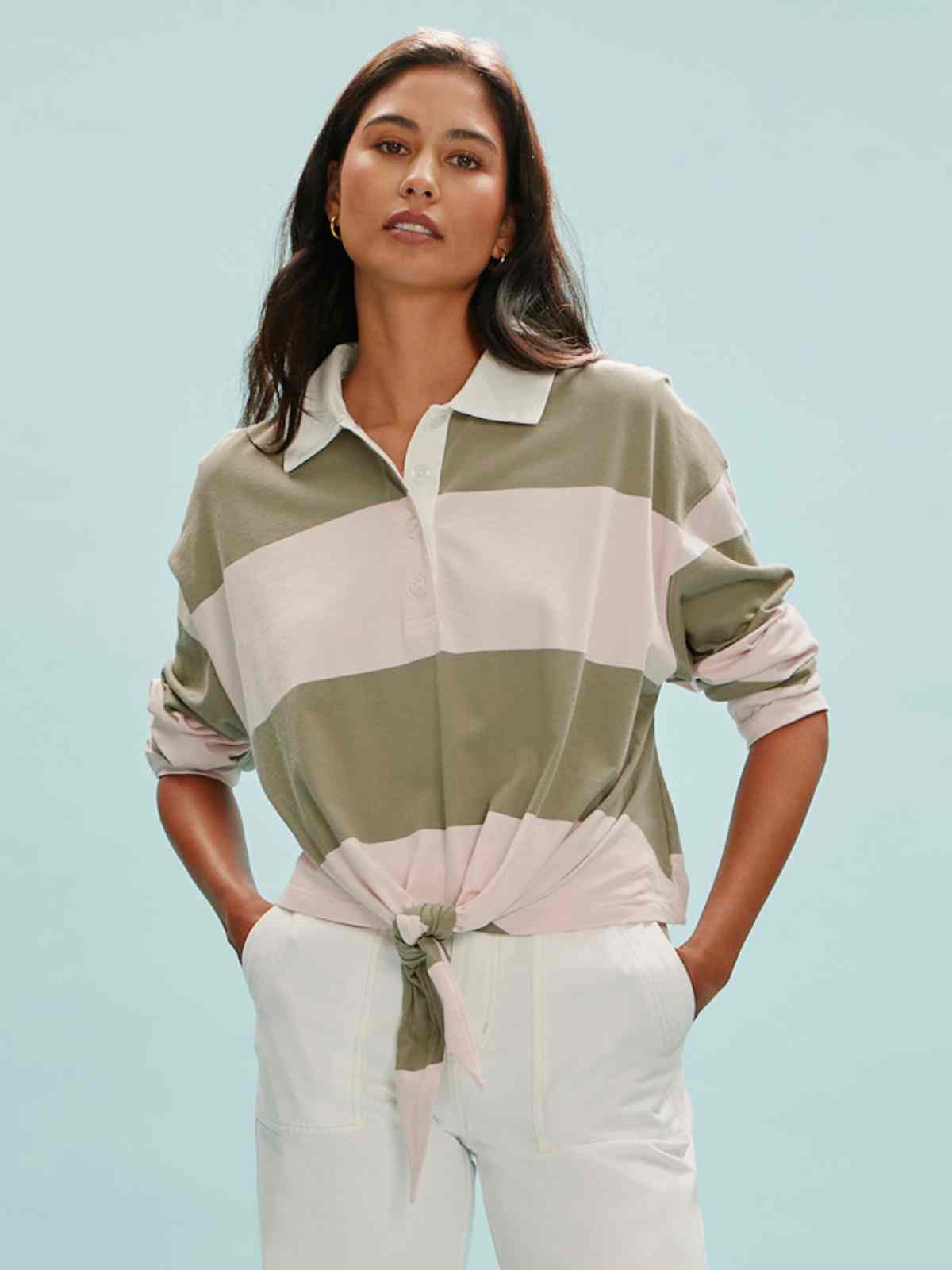 Rugby Tie Front Tee Oxygen Pink / Olive Tree Stripe