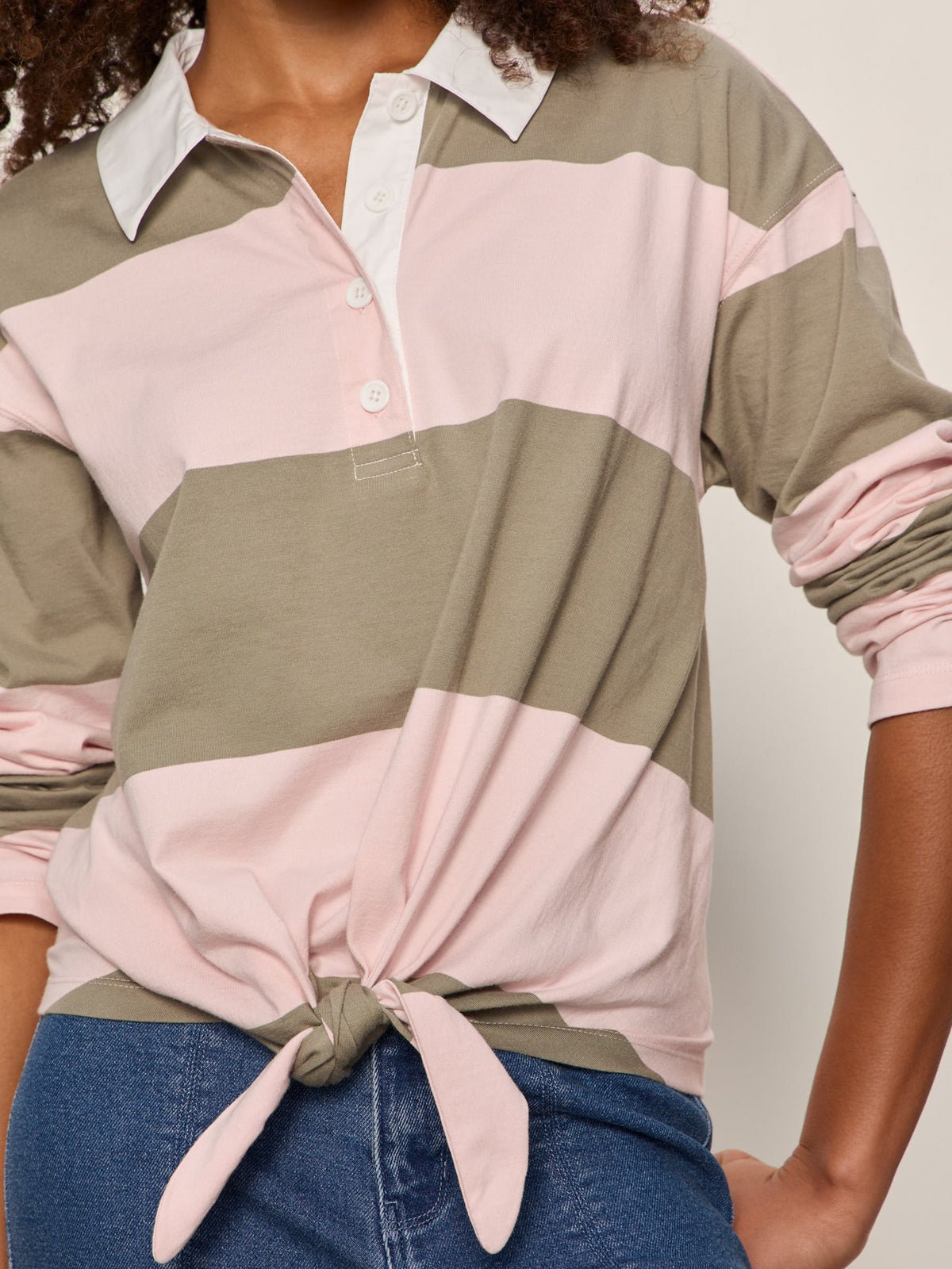 Rugby Tie Front Tee Oxygen Pink / Olive Tree Stripe