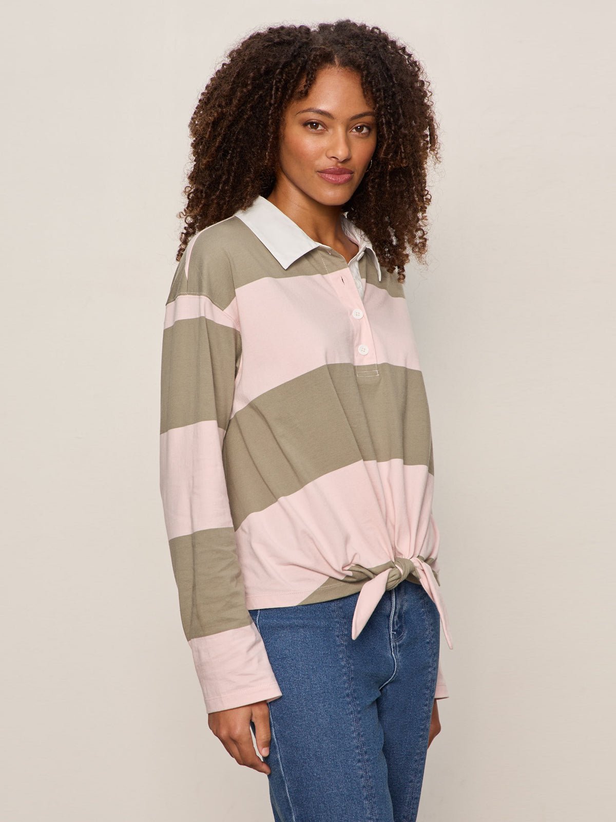 Rugby Tie Front Tee Oxygen Pink / Olive Tree Stripe