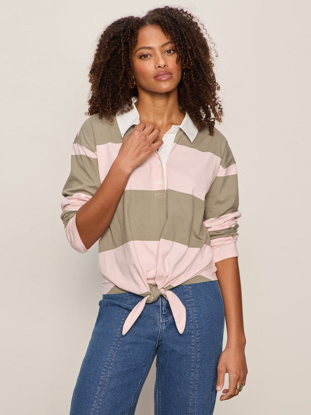 Rugby Tie Front Tee Oxygen Pink / Olive Tree Stripe