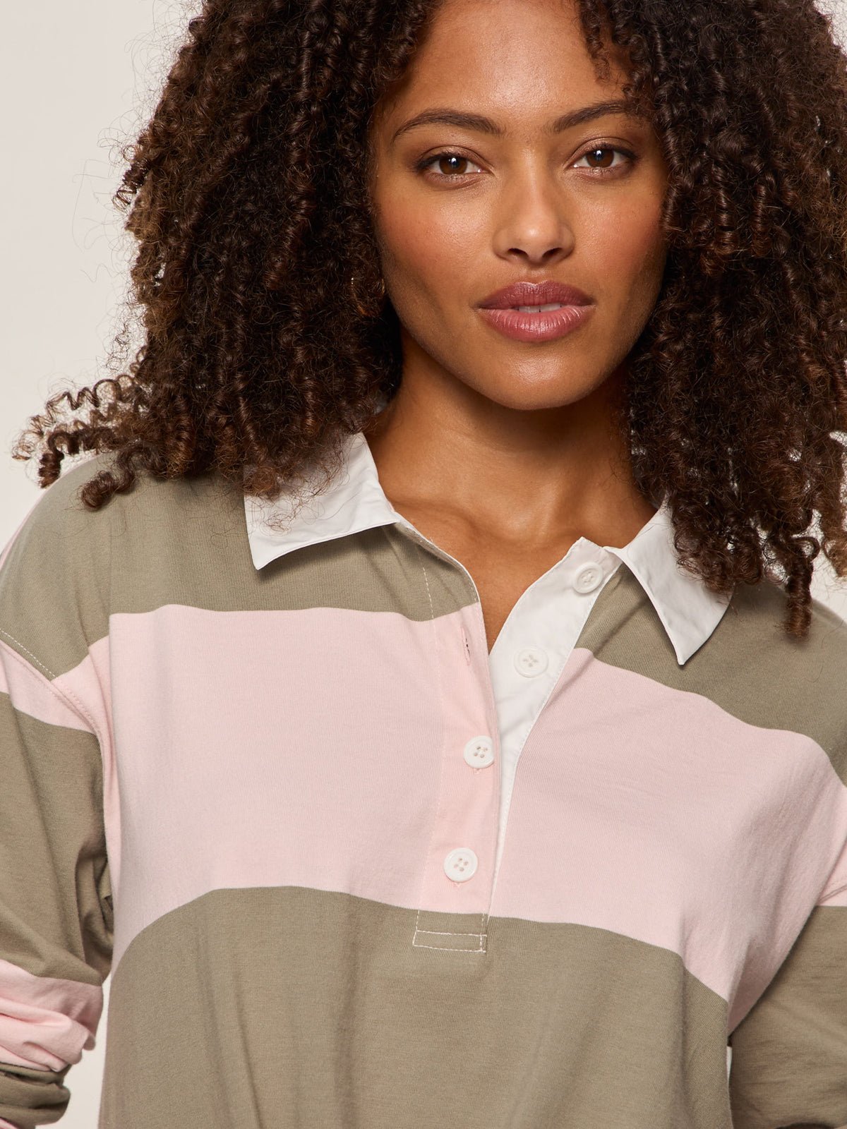 Rugby Tie Front Tee Oxygen Pink / Olive Tree Stripe