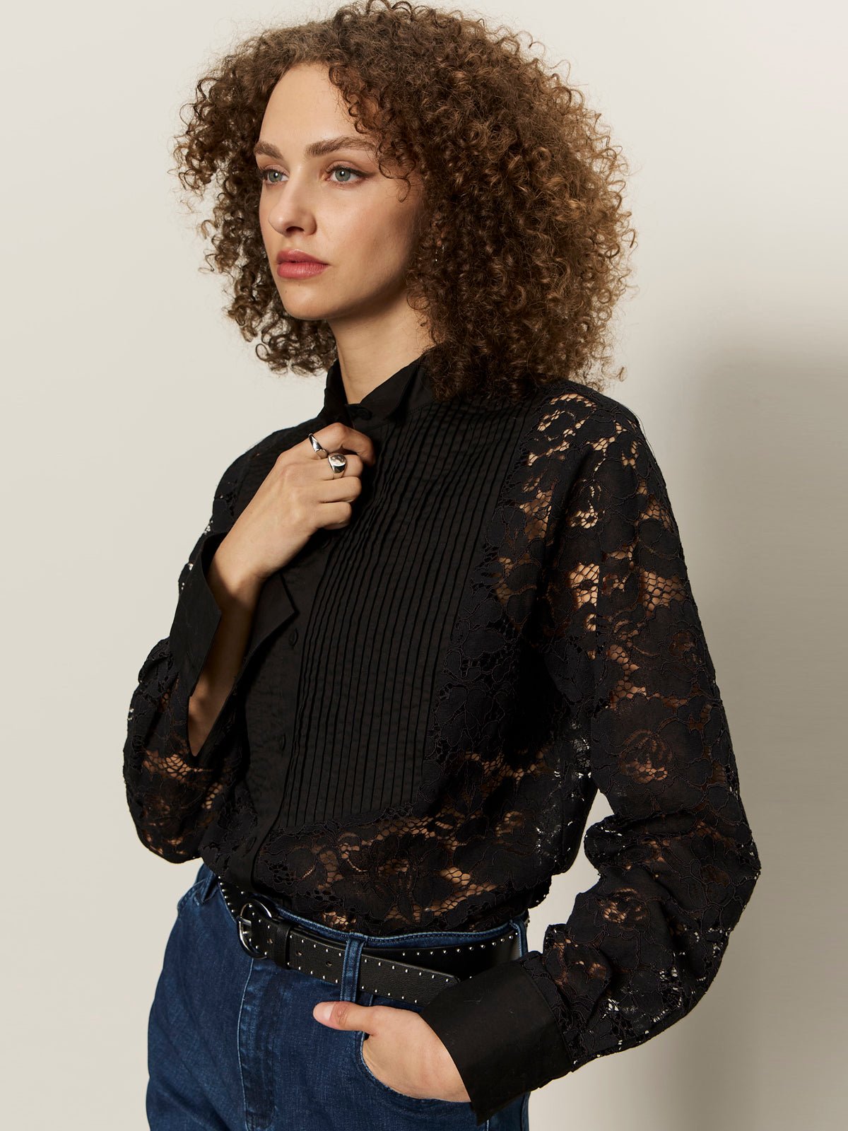 Serendipity Lace Tuxedo Shirt Black