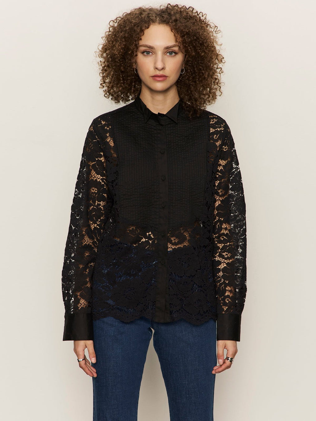 Serendipity Lace Tuxedo Shirt Black