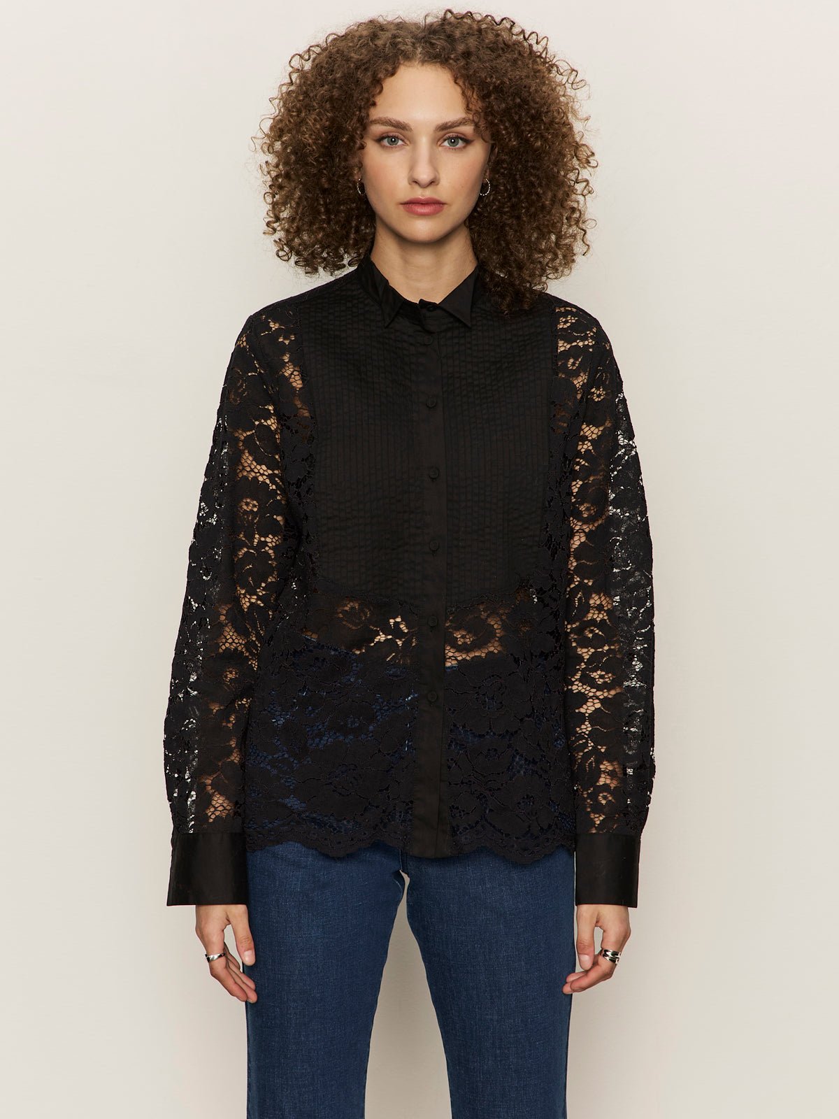 Serendipity Lace Tuxedo Shirt Black