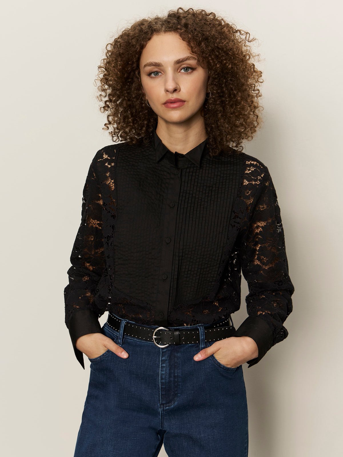 Serendipity Lace Tuxedo Shirt Black